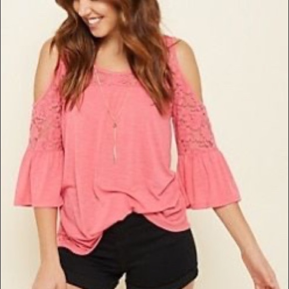 Pink Lace Cold Shoulder Necklace Top